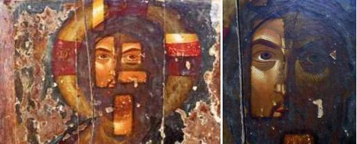 The icon of Christ, Kolossi village, 14th century, during cleaning by Marco Morelli in 1995